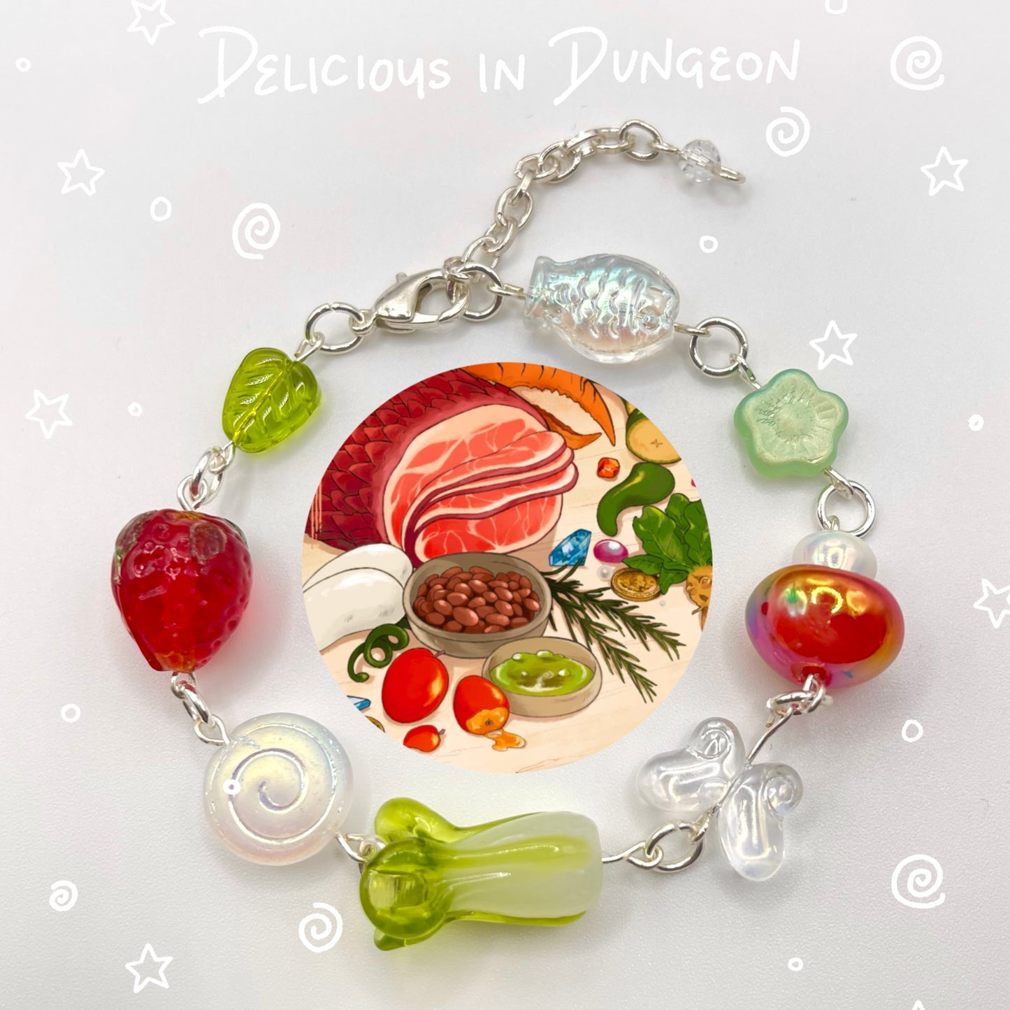 Dungeon Meshi Inspired Beaded Chain Charm Bracelet (Hand-Made)